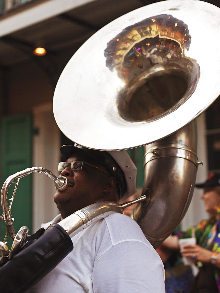 Tuba player, second line parade in the French Quarter, New Orleans, Louisiana, United States of America, North America