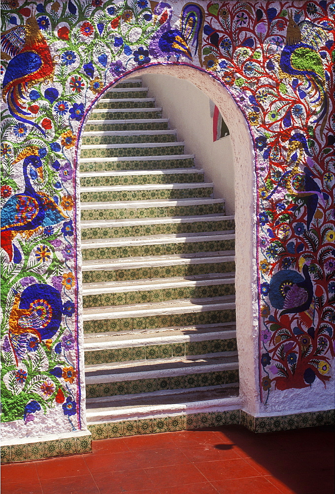 Colorful doorway with steps leading upward, Acapulco, Mexico, North America