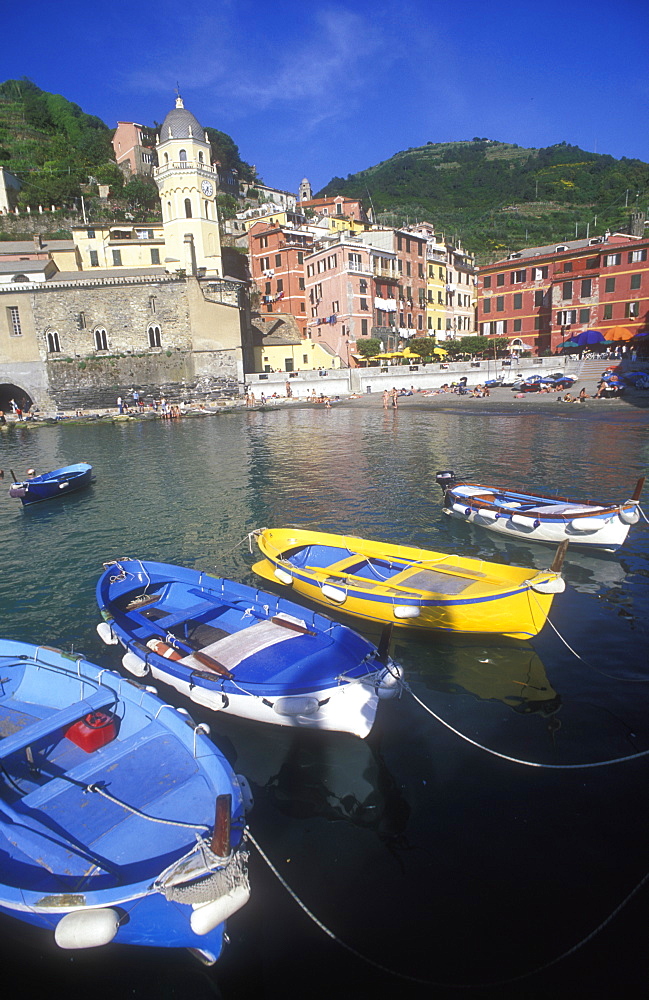 Fishing boats in harbour, Vernazza, Cinque Terre, UNESCO World Heritage Site, Liguria, Italy, Europe