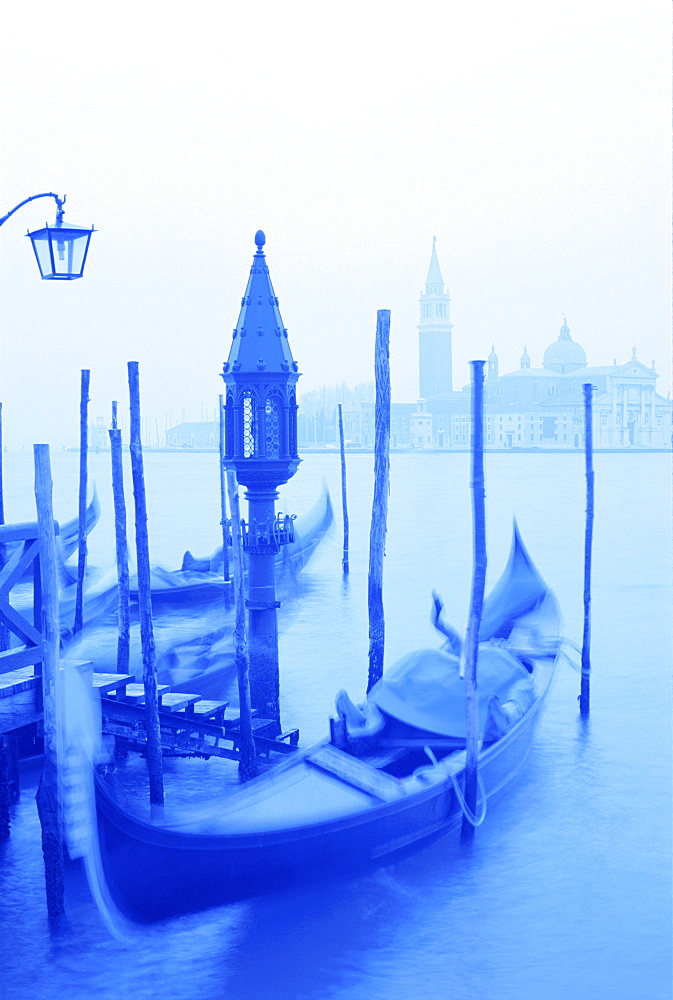 Gondola and San Giorgio Maggiore in blue tones, Venice, UNESCO World Heritage Site, Veneto, Italy, Europe