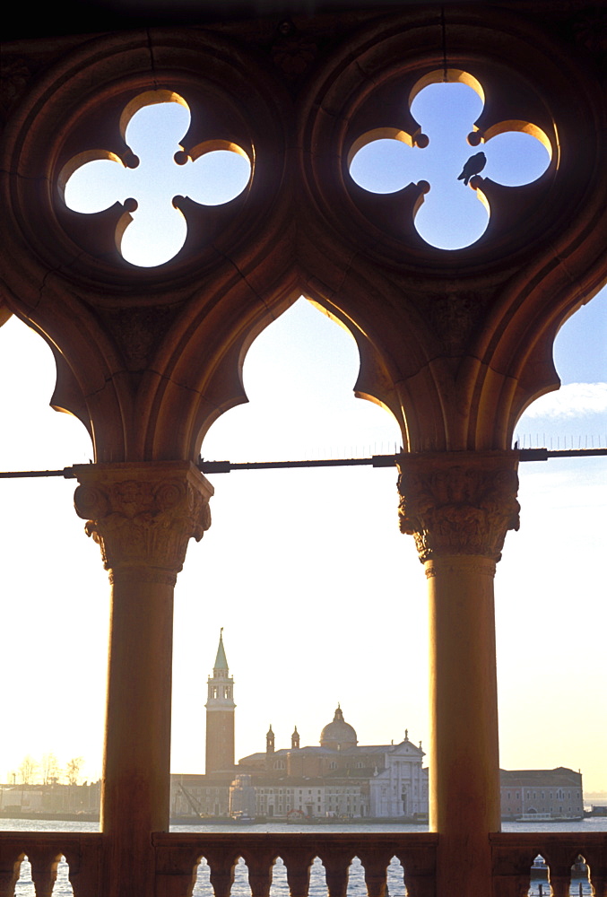 View of San Giorgio Maggiore from the Doge's Palace (Palazzo Ducale) framed by arches, Venice, UNESCO World Heritage Site, Veneto, Italy, Europe