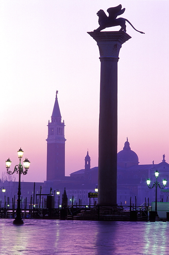 View of San Giorgio Maggiore from Piazzetta San Marco and the column of San Marco at dawn, Venice, UNESCO World Heritage Site, Veneto, Italy, Europe