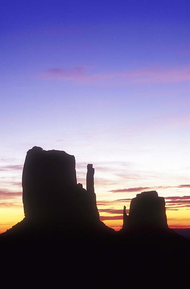 Dawn over Left and Right Mittens, Monument Valley Navajo Tribal Park, Arizona, United States of America, North America