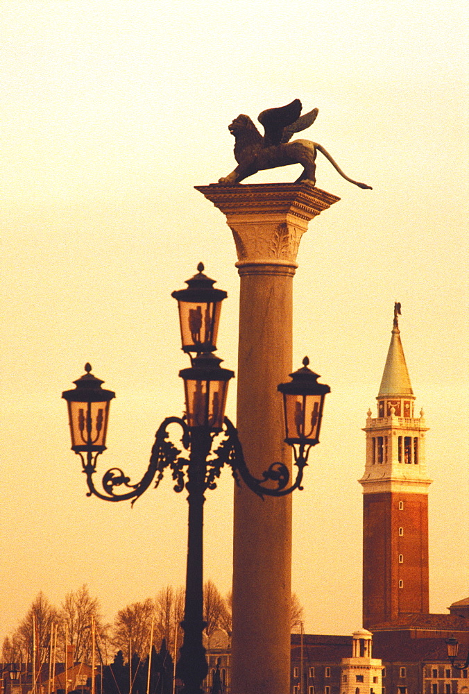 View of the column of the winged lion of St. Mark, and San Giorgio Maggiore from Piazzetta San Marco, Venice, UNESCO World Heritage Site, Veneto, Italy, Europe