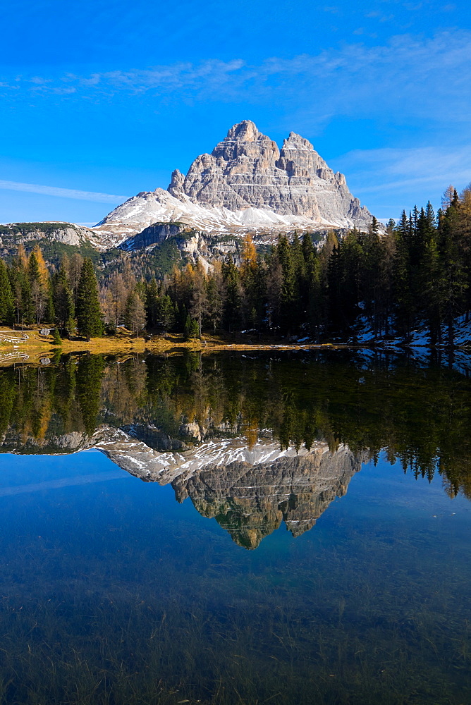 Tre Cime di Lavaredo and their reflection on Antorno lake, Auronzo, Belluno, Veneto, Dolomites, Italy, Europe