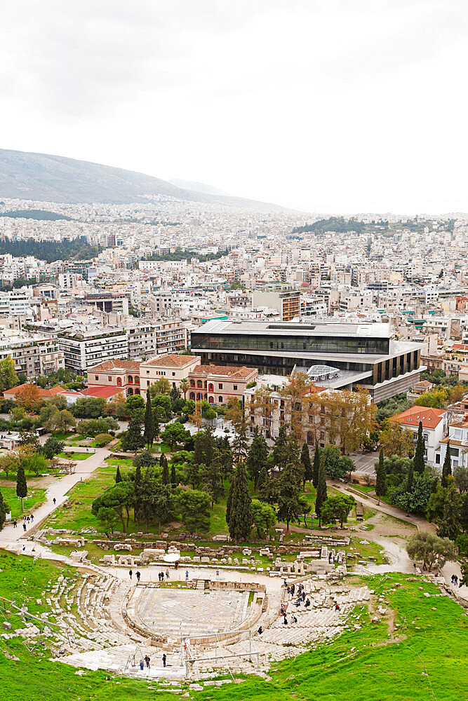 Cityscape including the Theatre of Dionysus and Acropolis Museum, Athens, Greece, Europe