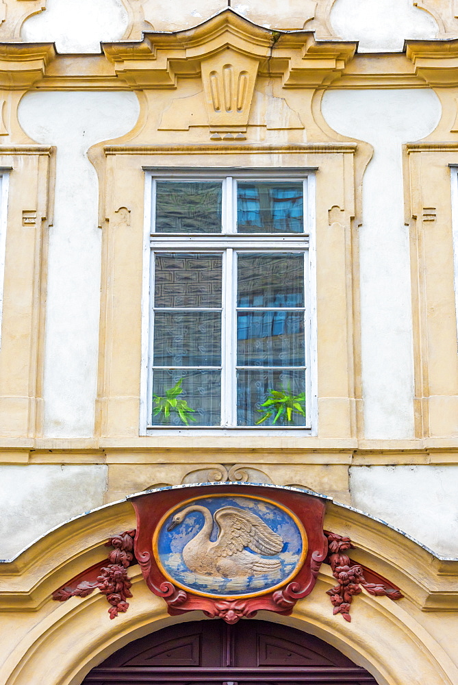 White Swan house sign, Number 49, Nerudova, Mala Strana, Prague, Czech Republic, Europe