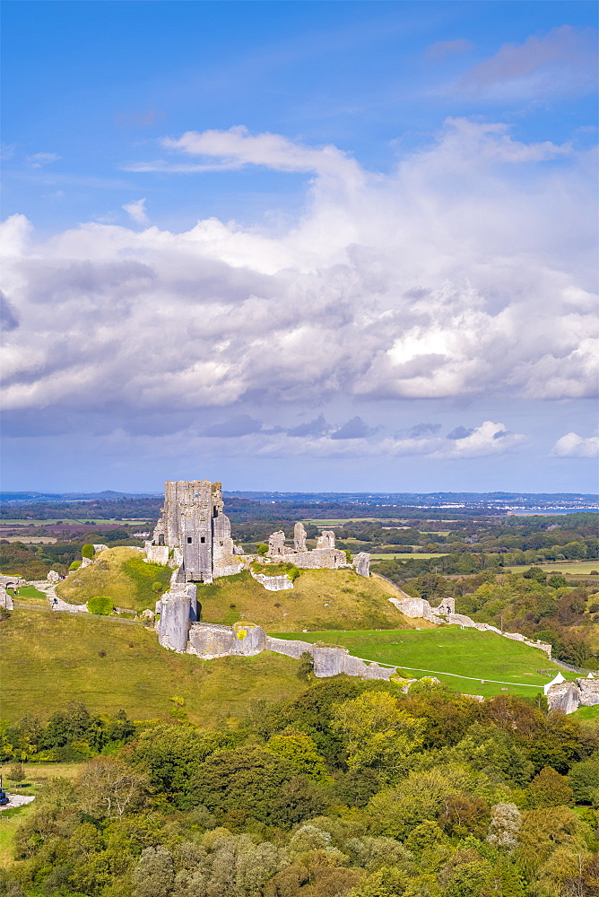 View by drone of Corfe Castle, Dorset, England, United Kingdom, Europe