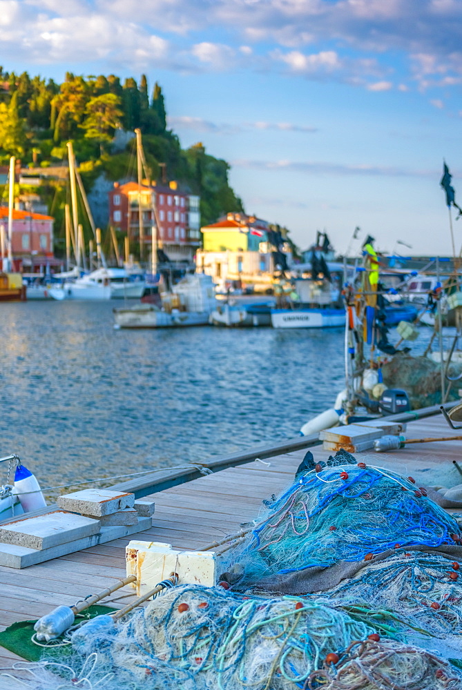 Fishing nets, Old Town Harbour, Piran, Primorska, Slovenian Istria, Slovenia, Europe