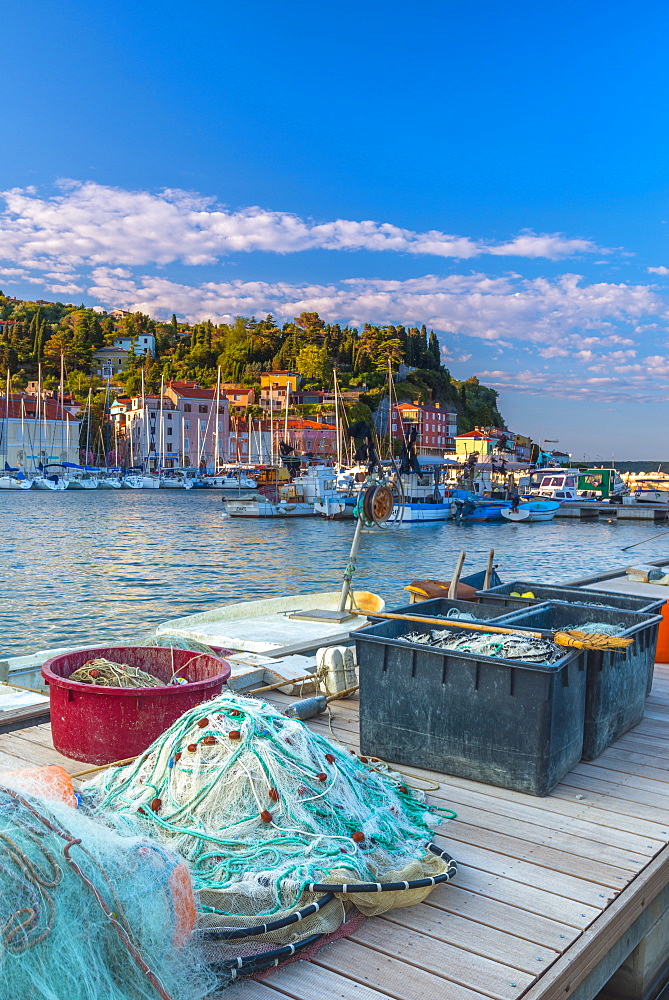 Fishing nets, Old Town Harbour, Piran, Primorska, Slovenian Istria, Slovenia, Europe