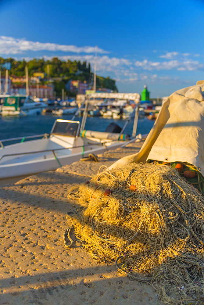 Fishing nets, Old Town Harbour, Piran, Primorska, Slovenian Istria, Slovenia, Europe