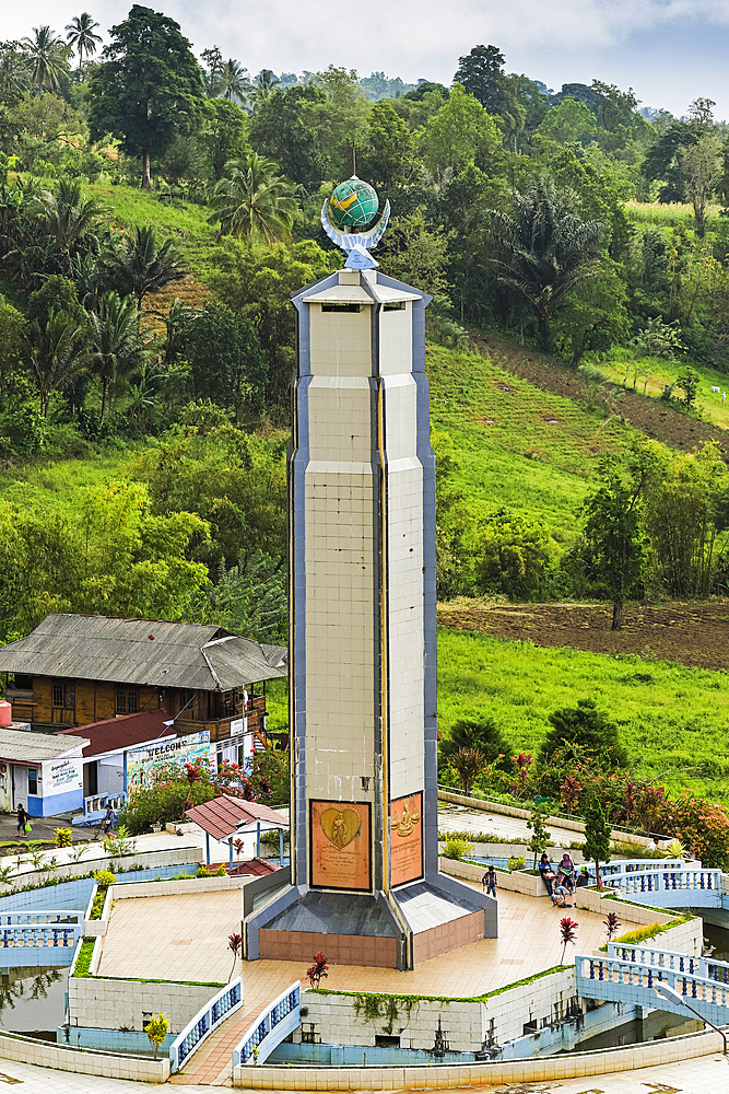 The world peace themed tower at this tourist park with worship houses of five major religions and volcanic fumarole fields, Bukit Kasih, Minahasa, North Sulawesi, Indonesia, Southeast Asia, Asia