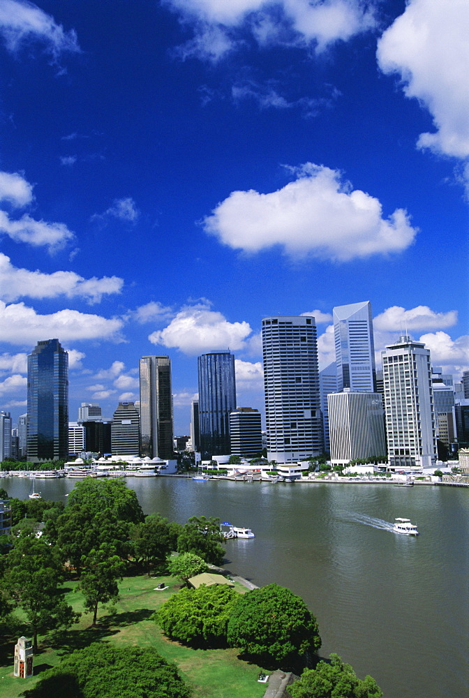 Looking southwest over Captain John Burke Park on Kangaroo Point by the Brisbane River, towards the centre of Brisbane, Queensland, Australia