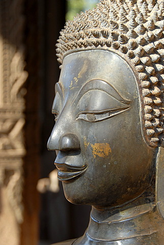 Head of a bronze buddha statue Temple museum of Art and Antiquities Haw Pha Kaew Museum Vientiane Laos