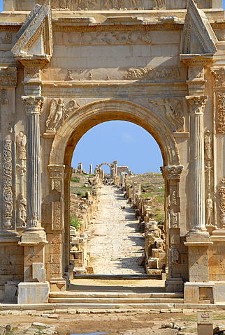 View through triumph arch of Septimus Severus with cardo Leptis Magna Libya