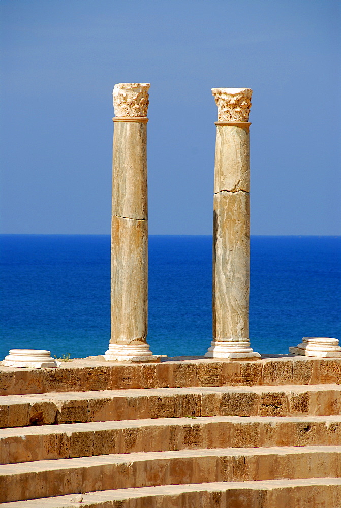 Two pillars with corinthian capital Roman theatre Leptis Magna Libya