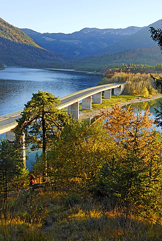 Bridge across the Sylvenstein storage lake of the river Isar Upper Bavaria Germany in front of the Karwendel mountains