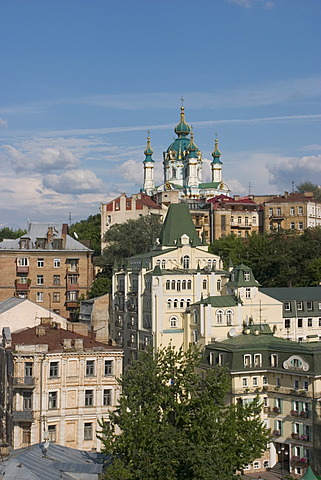 Ukraine Kiev church of holy St. Andreas built 1212 in wood 1744 with stones architect F. Rastrelli blue sky and clouds sunshine 2004