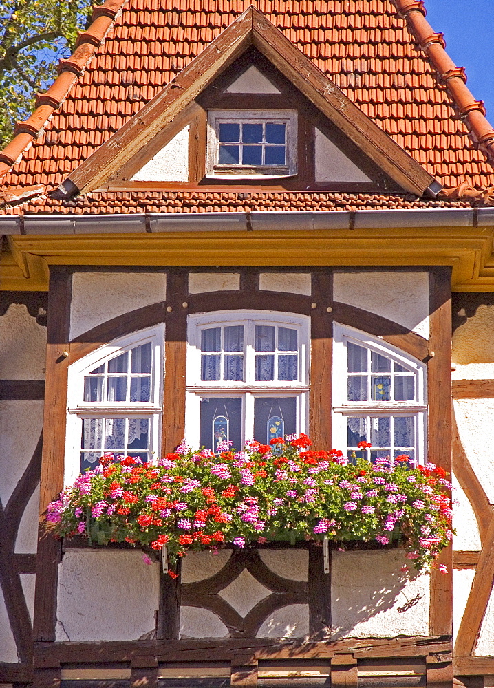 BRD Germany Thüringen Freestate Thüringen Suhl Centre for Hunting and Sporting Arms Landmark of the City the Memorial of the Armorer Thüringian House Framework House with Balcony Bay and red Flowers
