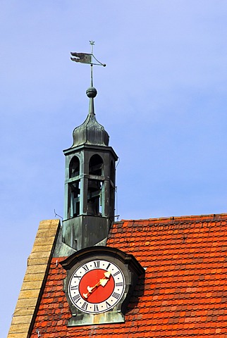 Tiled roof with a clock tower and weather vane, St. Johannis Parish Churck, Ansbach, Franconia, Bavaria, Germany, Europe