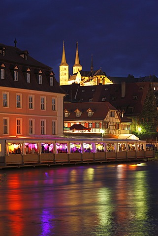 Marquee at Sandkerwa, folk festival, on the bank of the Regnitz river, with St. Michael church, Bamberg, Upper Franconia, Franconia, Bavaria, Germany, Europe, PublicGround