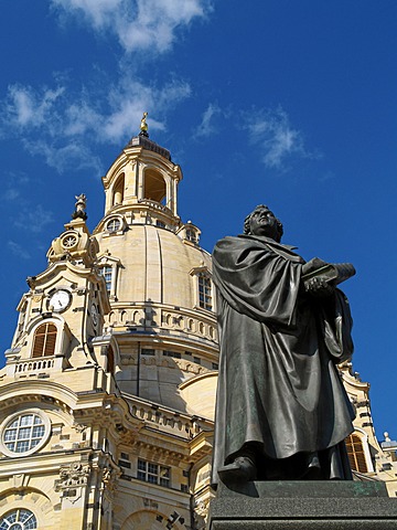 Dresden, Saxony, Dresden old town with the Frauenkirche new built up and the Martin Luther monument