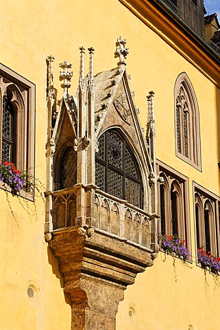 Gothic oriel at Old Town Hall, Regensburg, Upper Palatinate, Bavaria, Germany