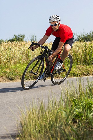 Cyclist, 44 years, riding a racing cycle, Winterbach, Baden-WâˆšÂºrttemberg, Germany