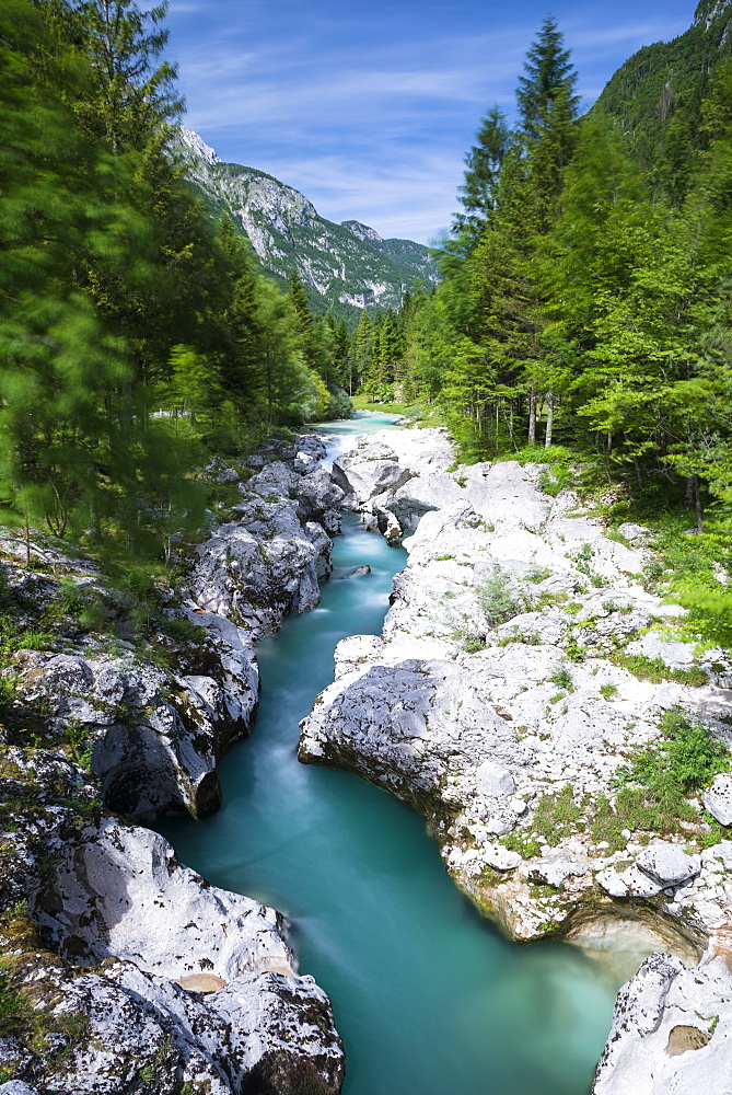 Soca River with crystal clear, turquoise blue water, Soca Valley, Triglav National Park, Kanin Mountains, Julian Alps, Slovenia, Europe