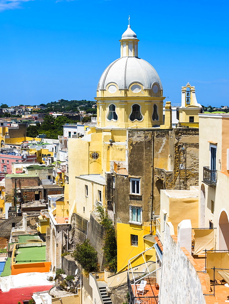 View of the island of Procida with its colourful houses and the church of Santuario S. Maria delle Grazie Incoronata, harbour and the Marina di Corricella, island of Procida, Phlegraean Islands, Gulf of Naples, Campania, Italy, Europe