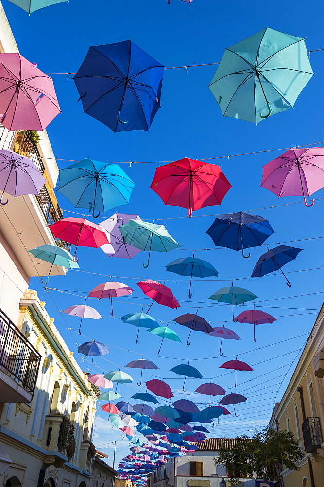 Umbrellas Street in Pula, Sardinia, Italy, Europe