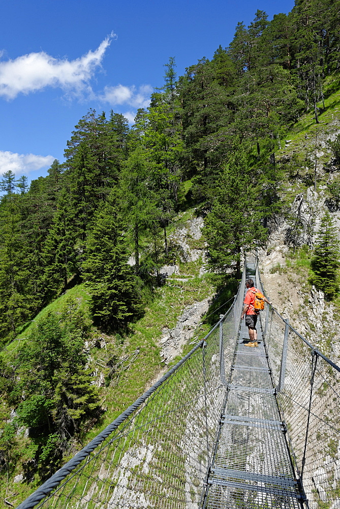 Suspension bridge over the Sulzleklamm, Karwendel Mountains, Mittenwald, Werdenfelser Land, Upper Bavaria, Bavaria, Germany, Europe