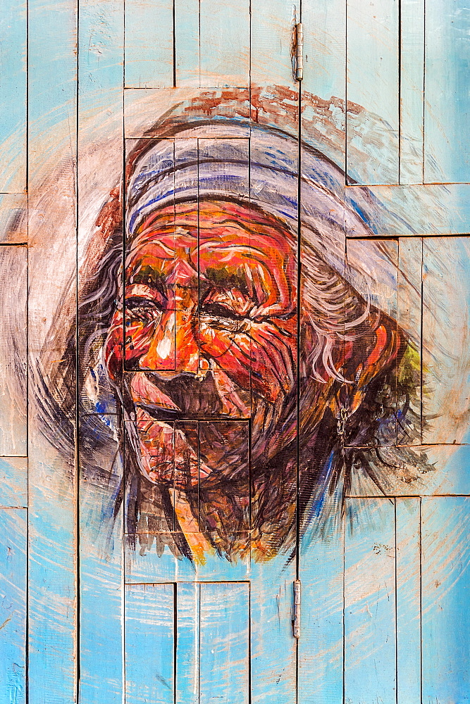 Door painting representing an old Nepalese Man, Taumadhi Tole square, Bhaktapur, Nepal, Asia