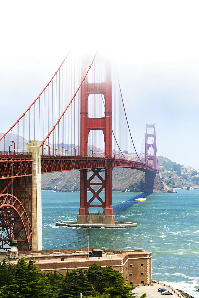 Golden Gate Bridge from Hoppers Hands in fog, San Francisco, California, USA, North America