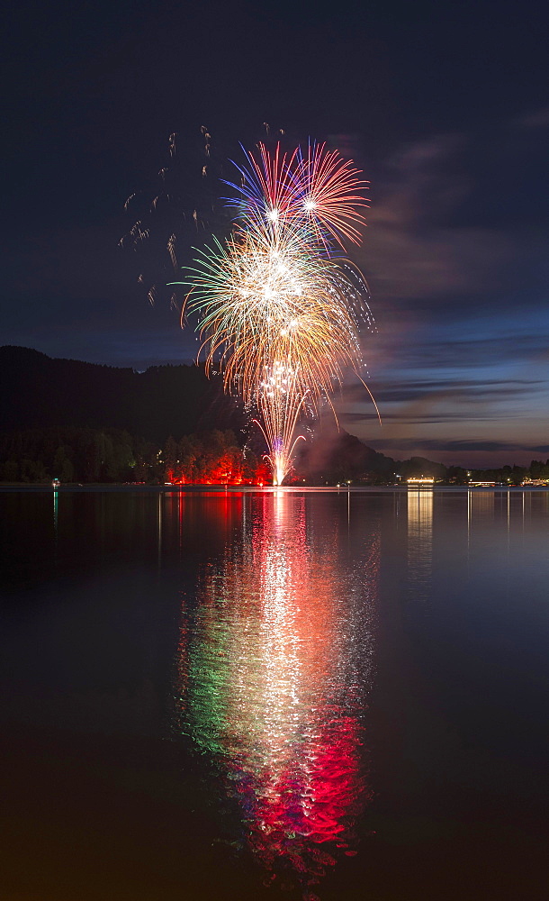 Fireworks at Lake Schliersee, reflection, Upper Bavaria, Bavaria, Germany, Europe