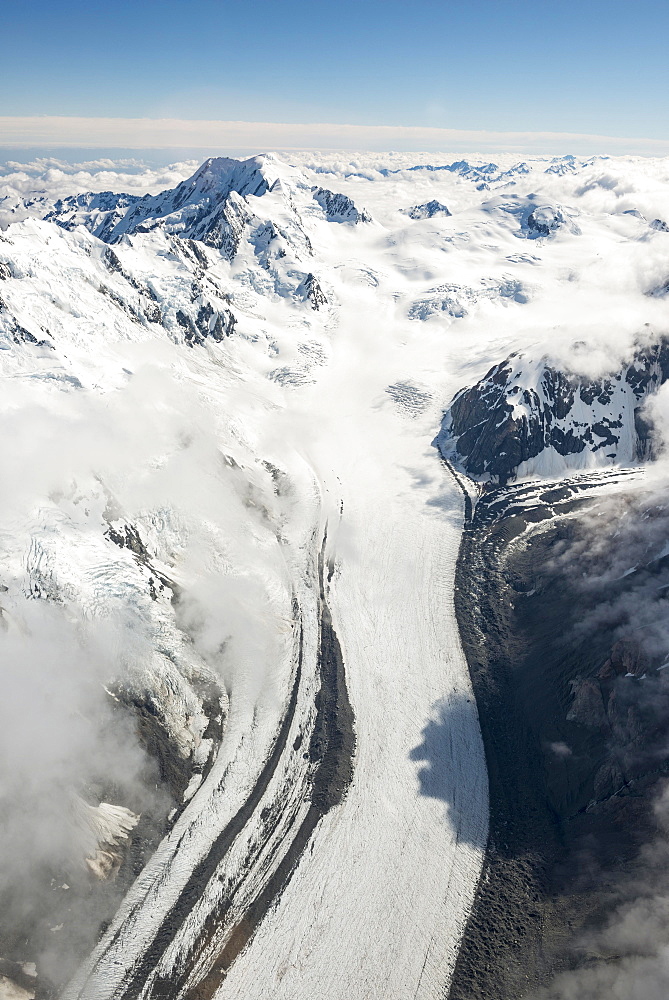 Tasman glaciers and peaks of mountains, New Zealand Southern Alps, Aoraki Mount Cook National Park, Southland, New Zealand, Oceania