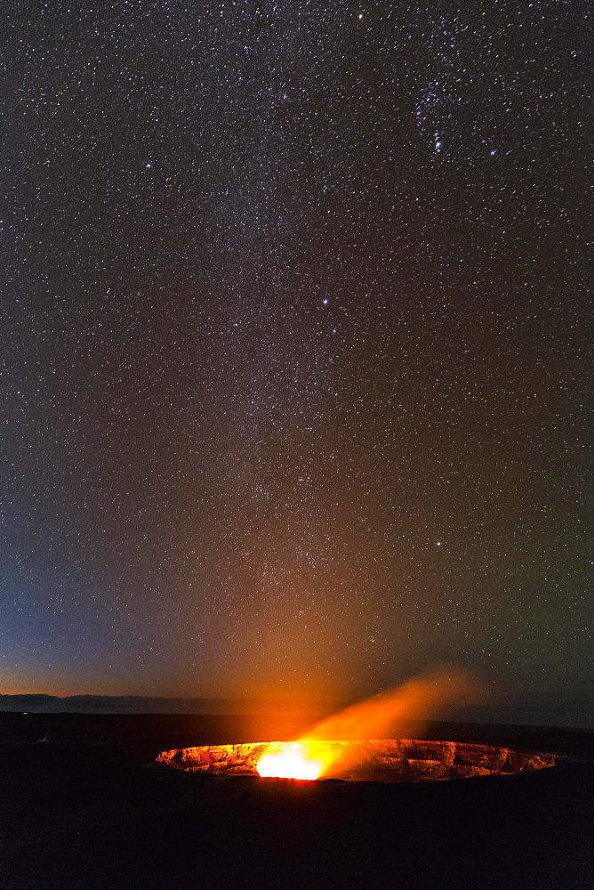 Milky Way above Halema'uma'u crater eruption, Kilauea volcano, Hawai'i Volcanoes National Park, Big Island of Hawai'i, USA, North America