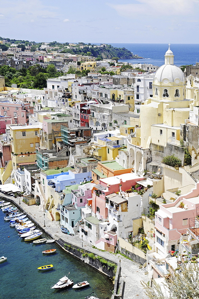 Port of Corricella, Church of Santa Maria delle Grazie, Marina di Corricella, Procida, Campania, Southern Italy, Italy, Europe