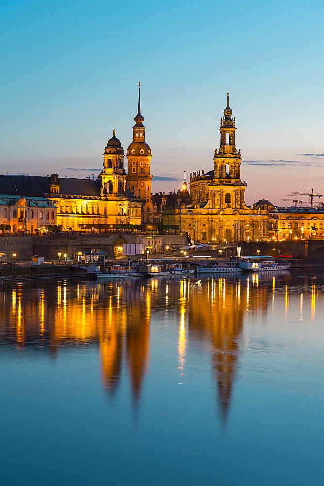 Cityscape with Elbe, Ständehaus, Hausmannsturm and Dresden Cathedral, Dresden, Saxony, Germany, Europe