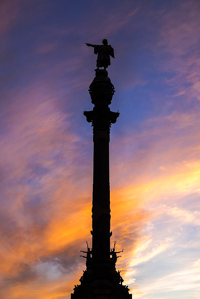 Columbus Monument, column at sunset, Barcelona, Catalonia, Spain, Europe