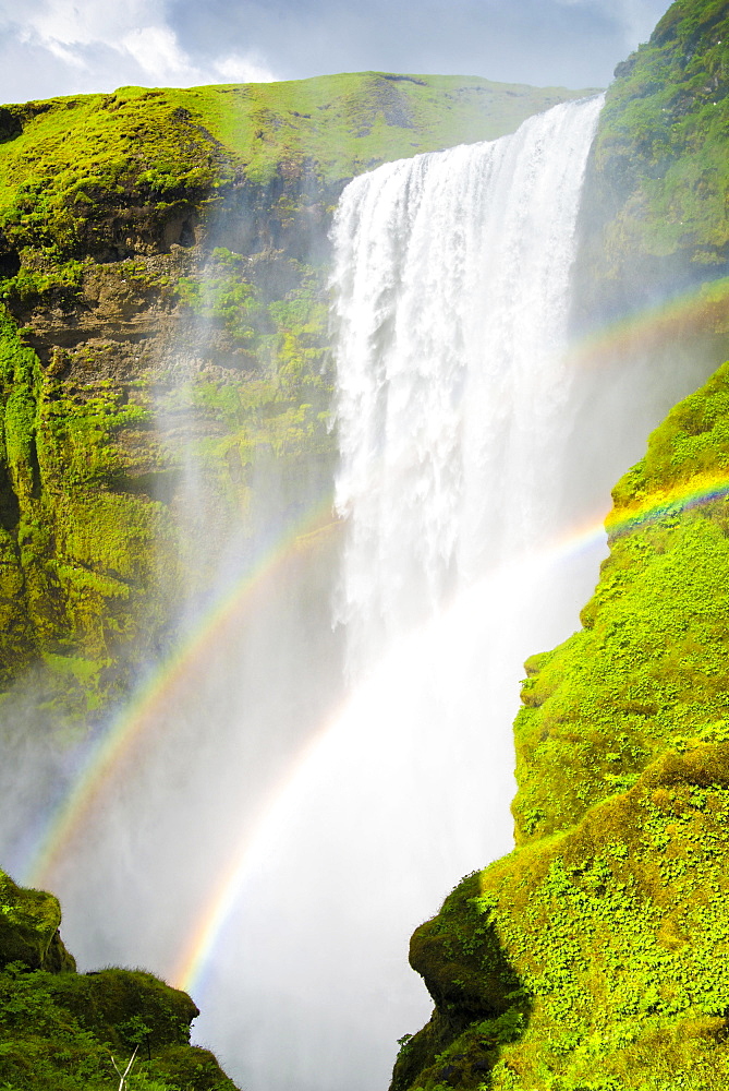 Skógafoss waterfall, Skogafoss with double rainbow, Iceland, Europe