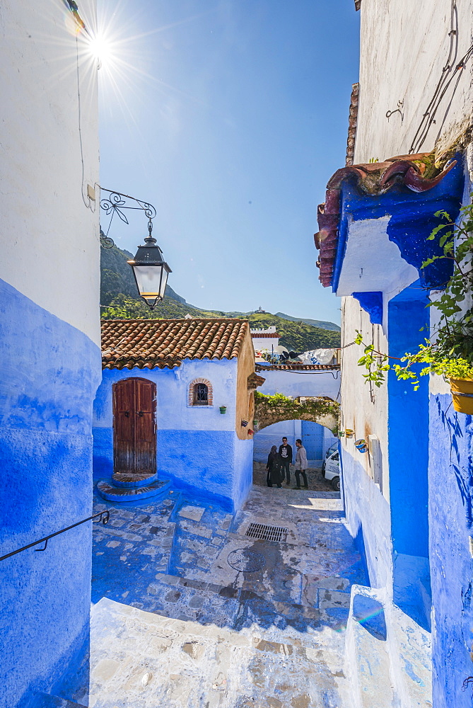 Narrow alley, blue houses, medina of Chefchaouen, Chaouen, Tangier-Tétouan, Morocco, Africa