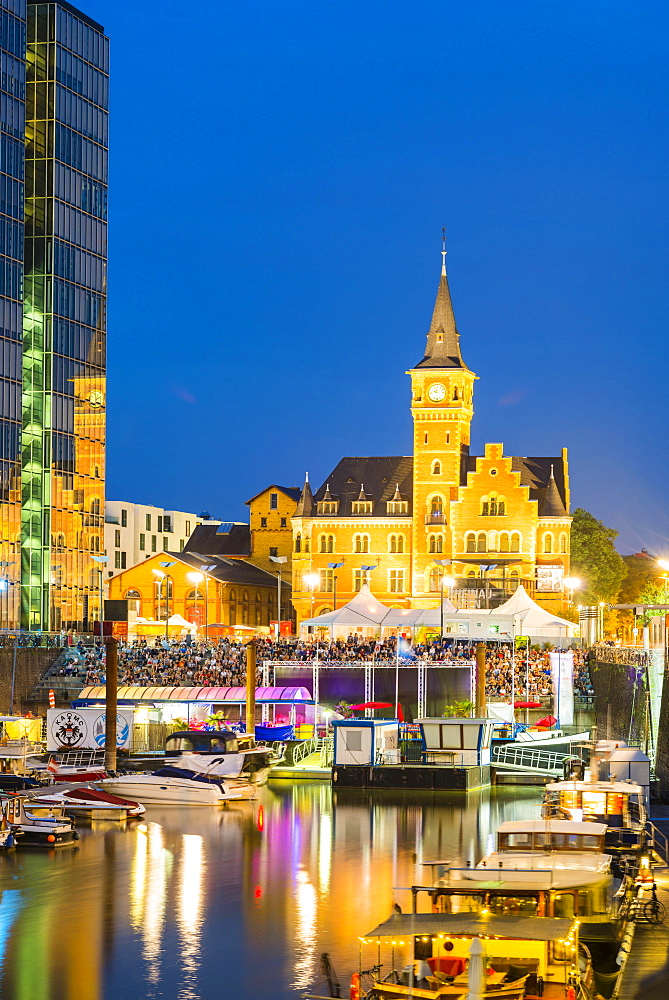 Marina, open air cinema, Kranhaus and former port authority, Rheinauhafen, Cologne, North Rhine-Westphalia, Germany, Europe