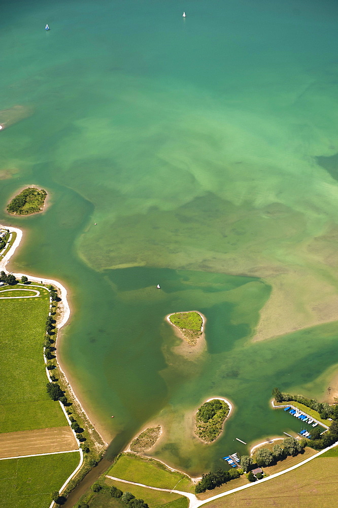 Aerial view, lake shore, Forggensee, Allgau, Bavaria, Germany, Europe