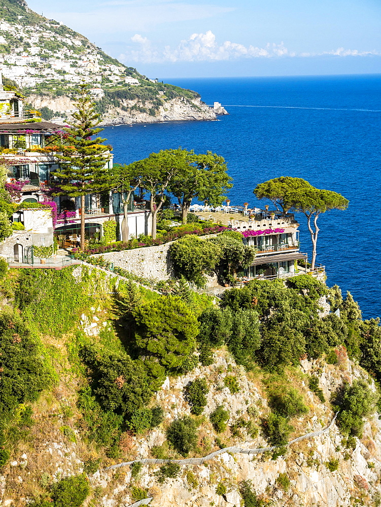 Steep coast with southern vegetation, near Positano, Costiera Amalfitana, Amalfi Coast, Sorrento Peninsula, Campania, Italy, Europe