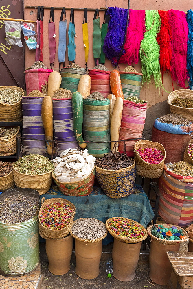 Spices and herbs on sale in Marrakech market, Marrakech, Morocco, Africa