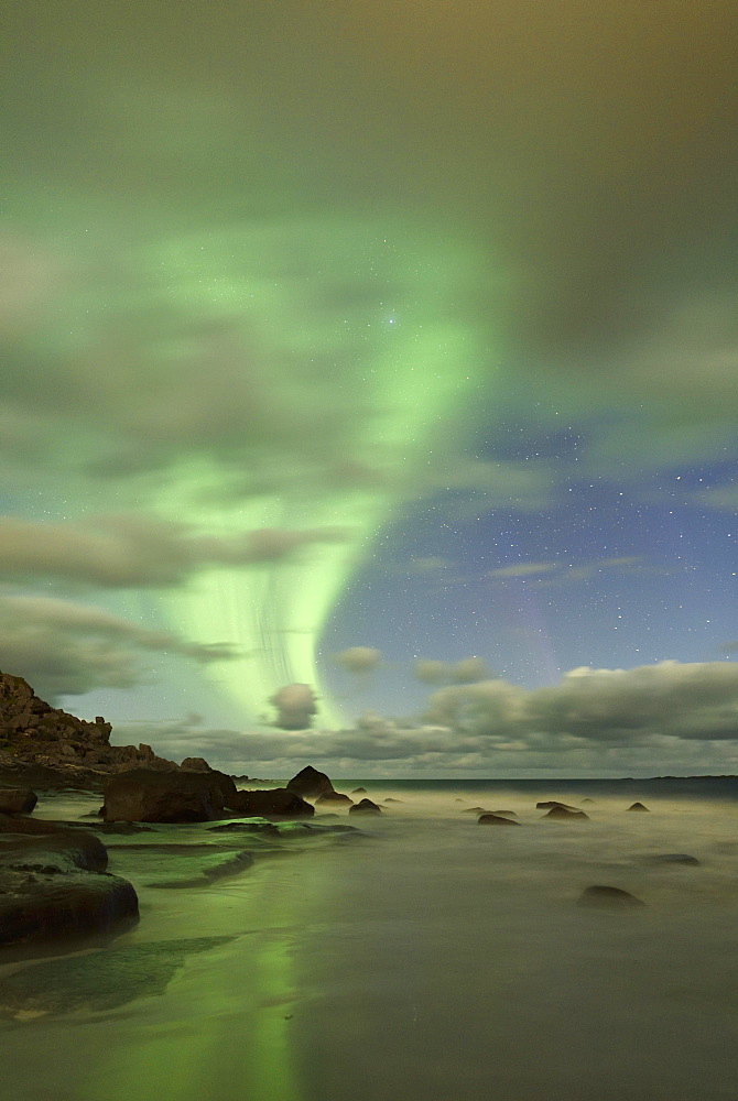 Northern Lights, Aurora Borealis above the beach of Utakleiv, Lofoten, Norway, Europe