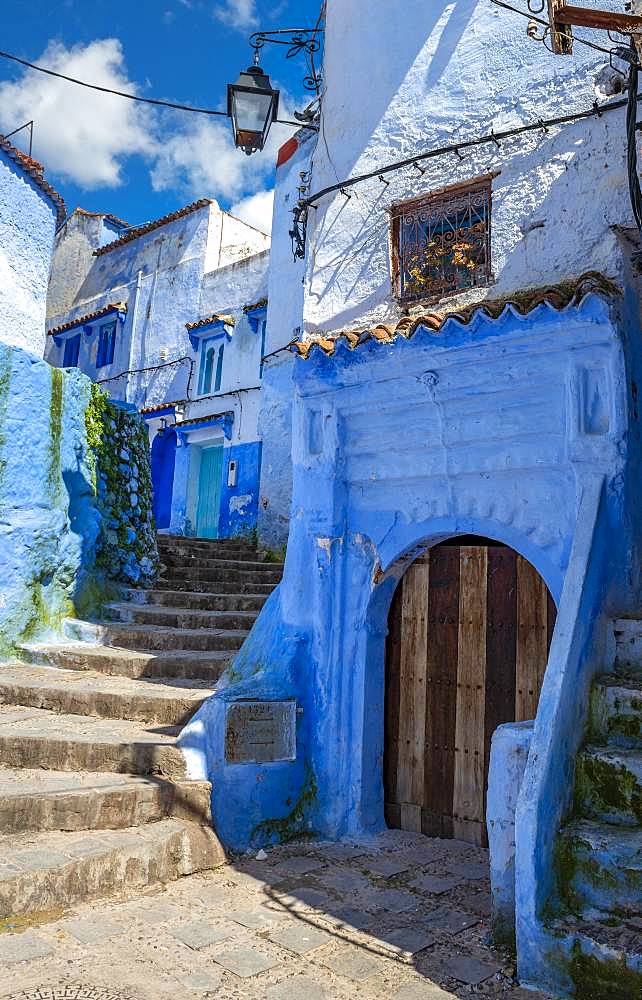 Narrow alleyway, blue houses, Medina of Chefchaouen, Chaouen, Tanger-Tetouan, Morocco, Africa