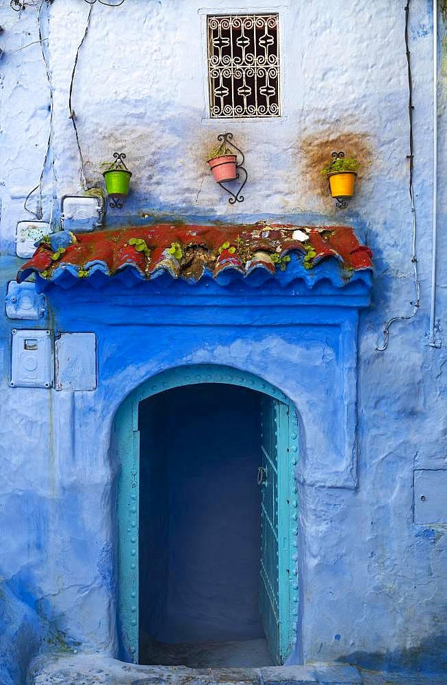 Facade, blue entrance door, blue house, Medina of Chefchaouen, Chaouen, Tangier-Tetouan, Morocco, Africa