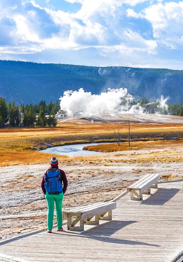 Tourist observes eruption of Castle Geysir, Yellowstone National Park, Wyoming, USA, North America